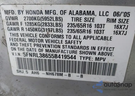 2005 Honda Odyssey Ex-L from USA, damaged, VIN 5FNRL38655B419544